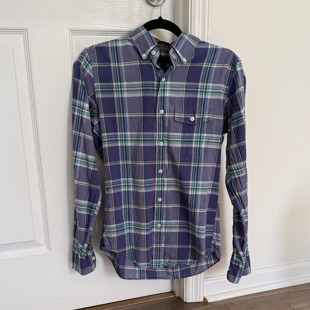J. Crew Navy and Teal Plaid Button-Down Shirt XS Slim Madras